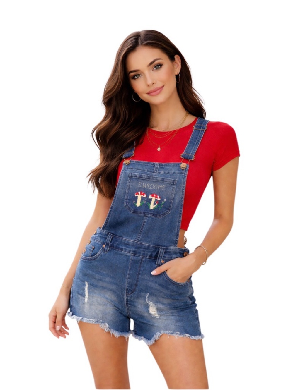 Celebrity Pink Shrooms Embroidered Denim Overall Shorts Romper Small